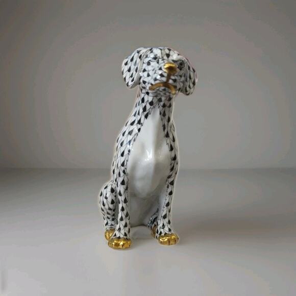 Herend Dog Figurine Black White Fishnet Gold Accents 1st Edition 15566 Pristine - Picture 1 of 7